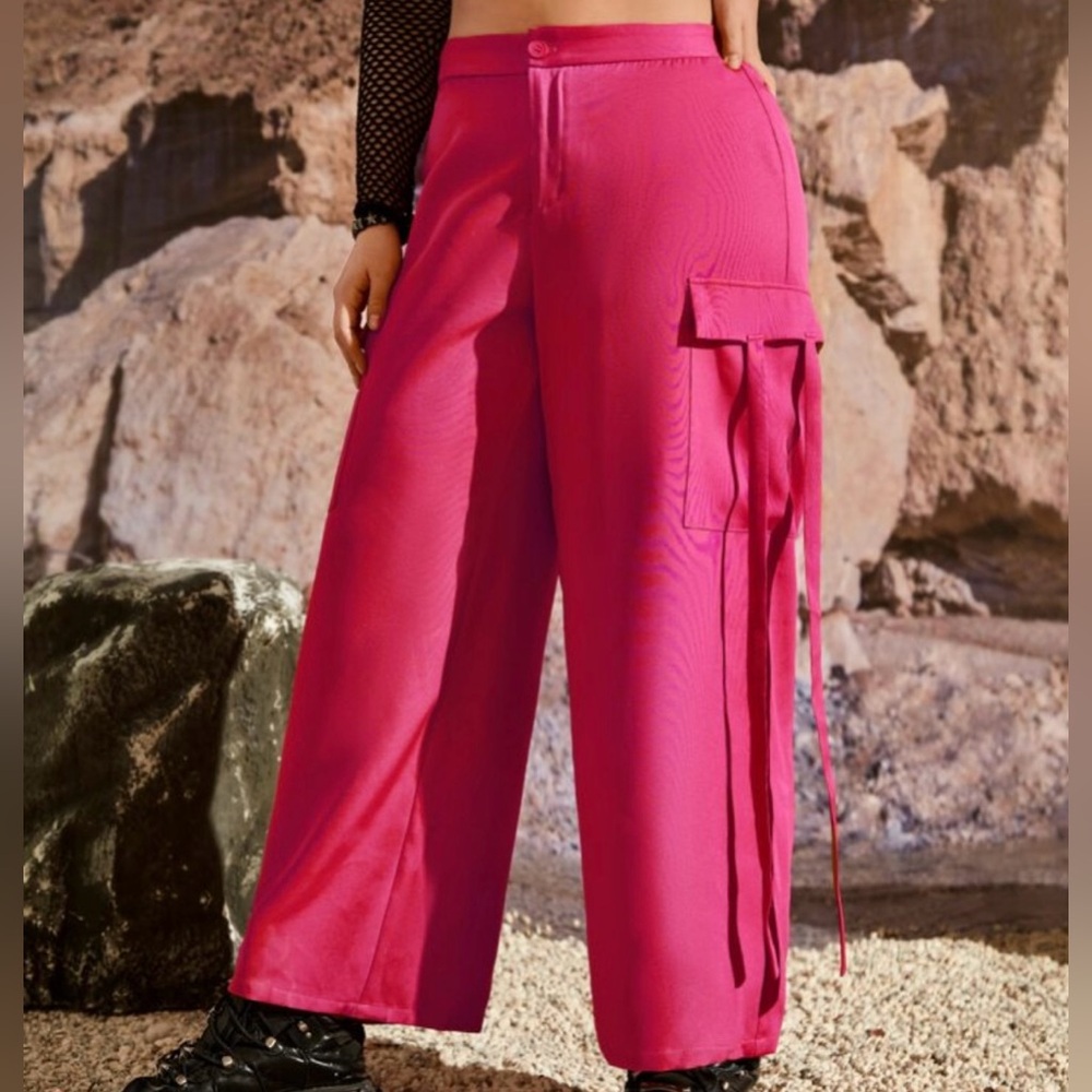 NEW 0 XL Plus Strap Detail Flap Pocket Side Wide Leg Pants
